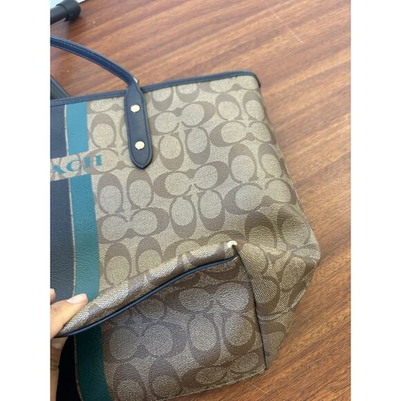 Y2K Coach Signature Monogram Stripes Shoulder Bag Tote Khaki Blue Leather Trim - Picture 9 of 13